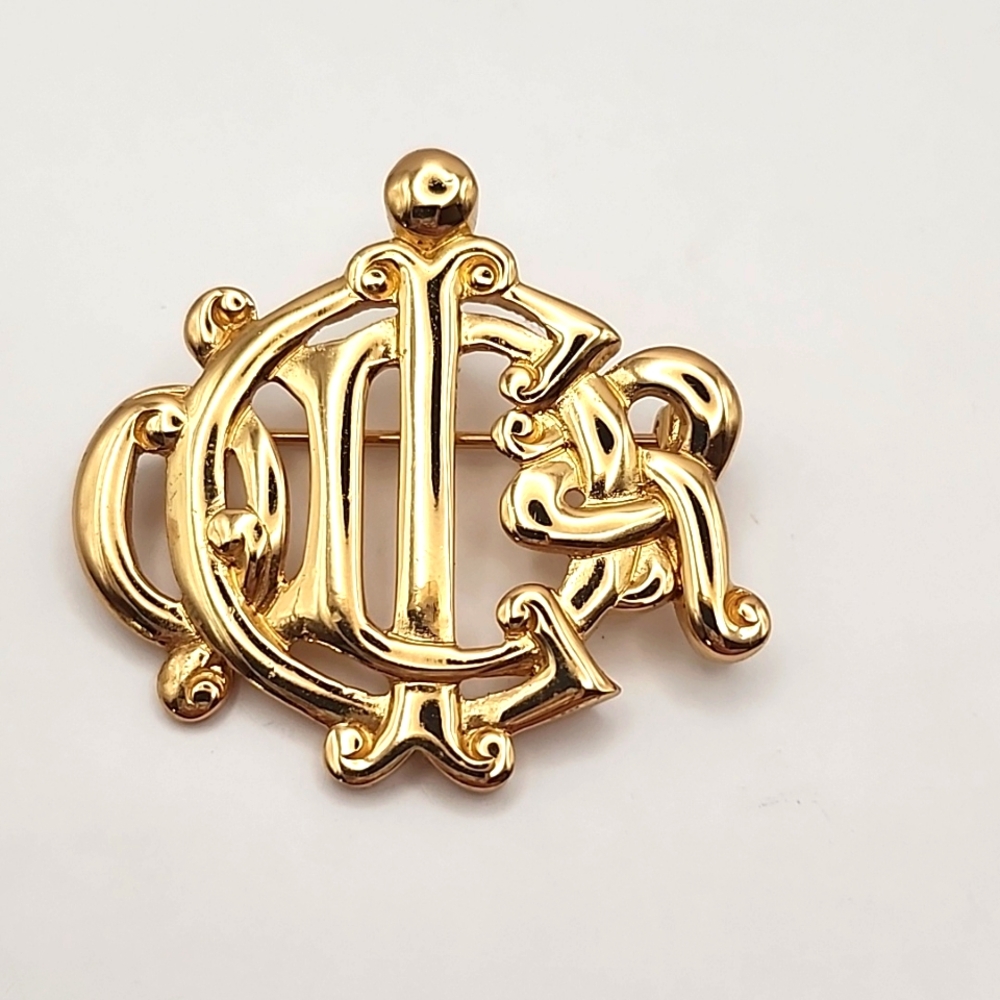 Vintage Christian Dior Monogram Gold Brooch Made in Germany